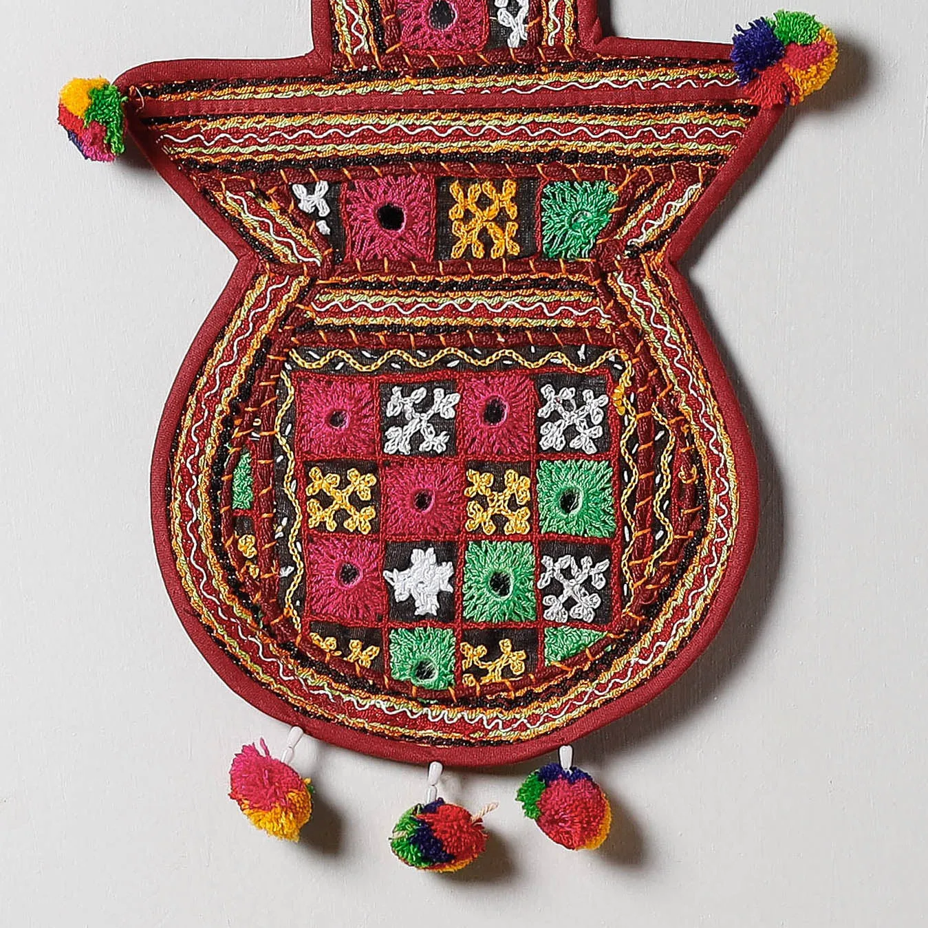 1 Pocket - Mirror Work Kutch Hand Embroidered Kalash Wall Hanging Letter Holder