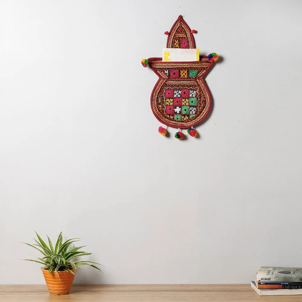 1 Pocket - Mirror Work Kutch Hand Embroidered Kalash Wall Hanging Letter Holder