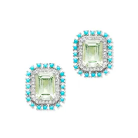14KT White Gold Green Amethyst Turquoise Diamond Monaco Stud Earrings