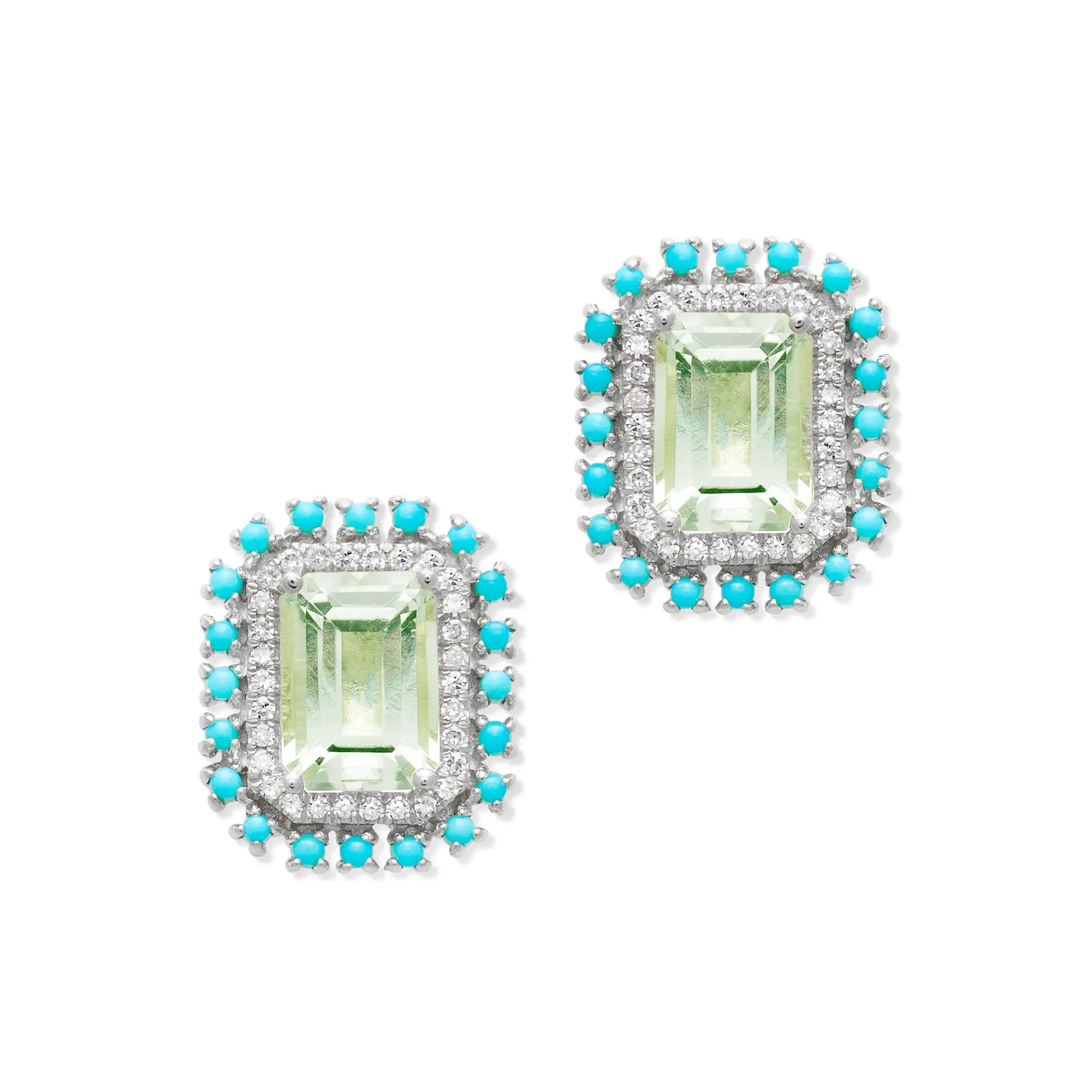 14KT White Gold Green Amethyst Turquoise Diamond Monaco Stud Earrings