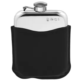 6oz Pewter Hip Flask with Hinged Captive Top & Genuine Black Leather Pouch