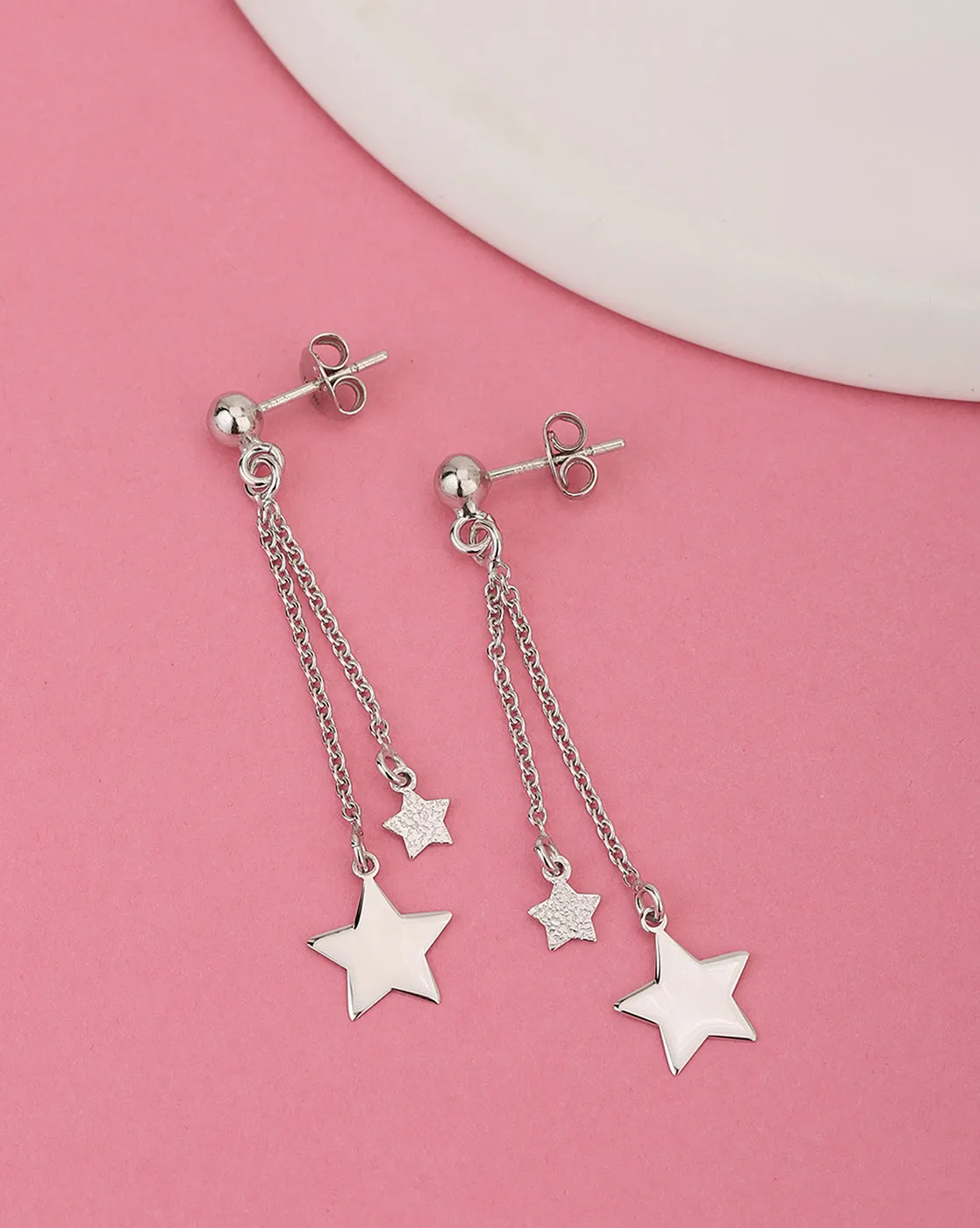 925 Sterling Silver Dangling Chain With Star Rhodium Plated Drop Earring