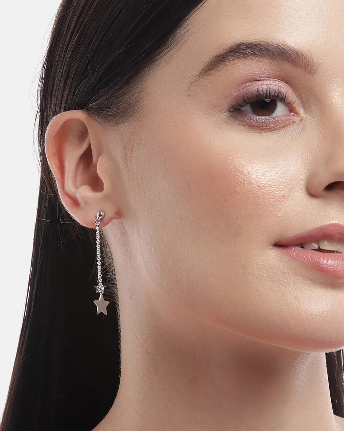 925 Sterling Silver Dangling Chain With Star Rhodium Plated Drop Earring