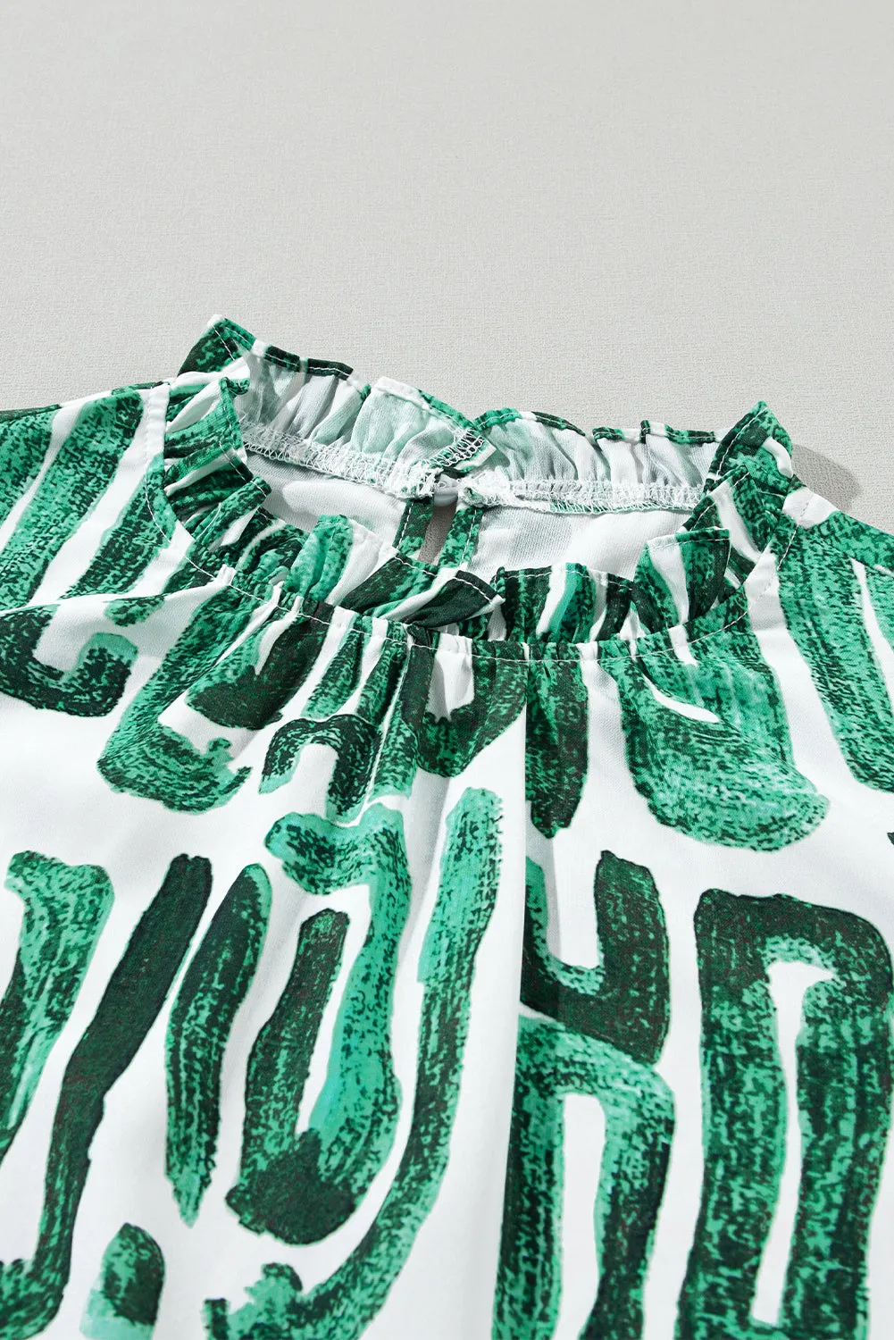 Abstract Embroidered Puff Sleeve Frilled Neck Printed Top