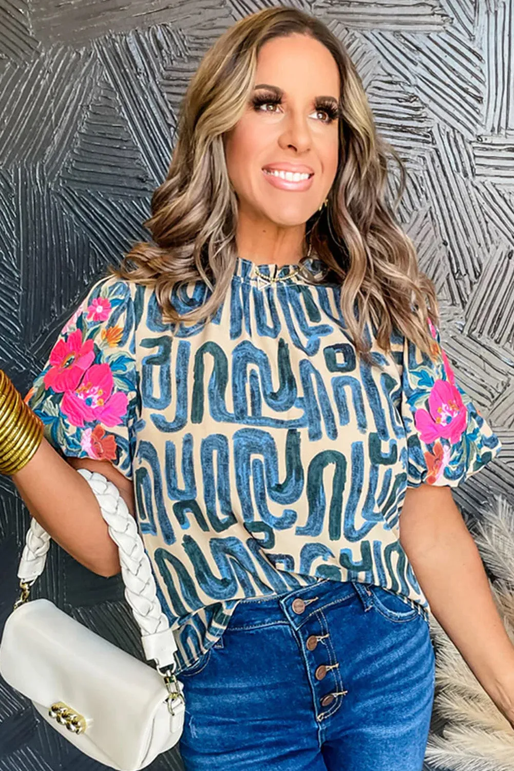 Abstract Embroidered Puff Sleeve Frilled Neck Printed Top