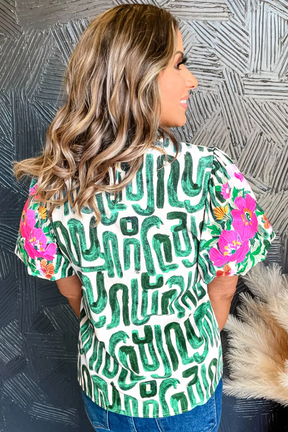 Abstract Embroidered Puff Sleeve Frilled Neck Printed Top