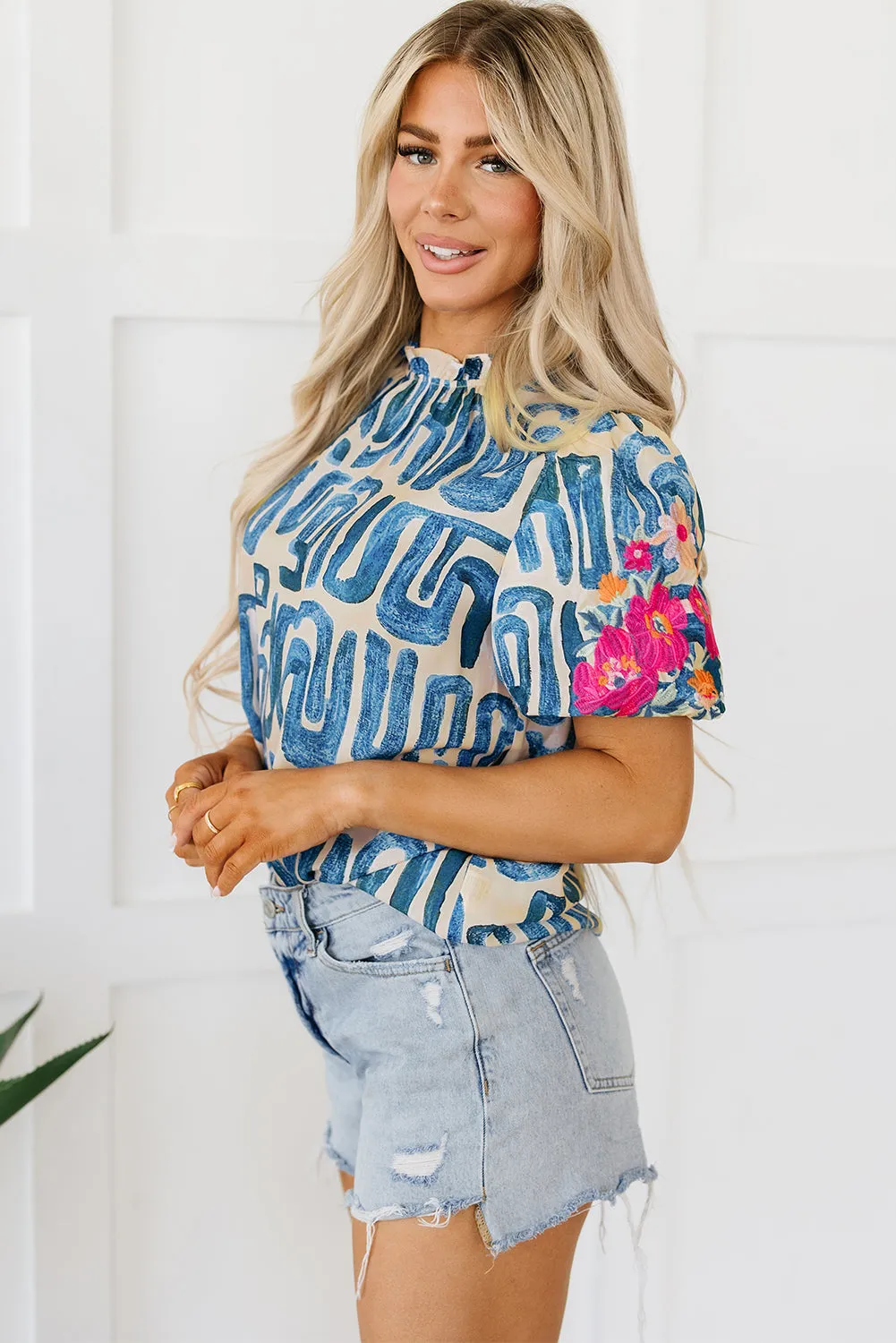 Abstract Embroidered Puff Sleeve Frilled Neck Printed Top