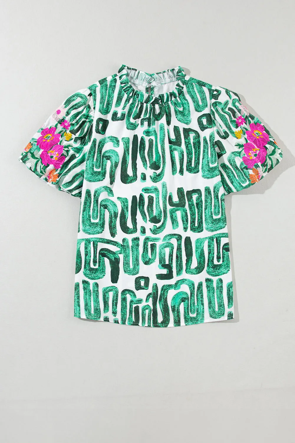 Abstract Embroidered Puff Sleeve Frilled Neck Printed Top
