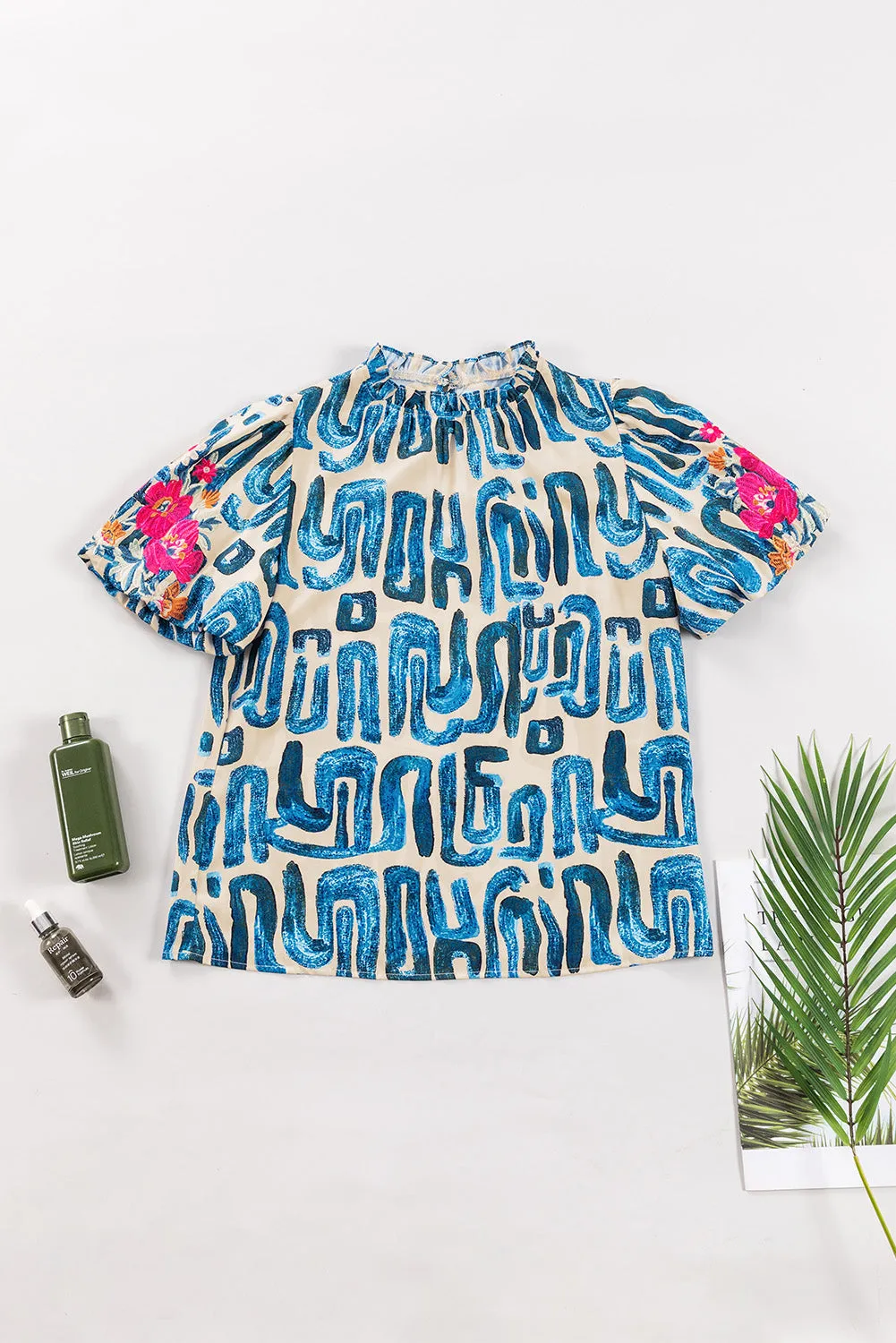 Abstract Embroidered Puff Sleeve Frilled Neck Printed Top