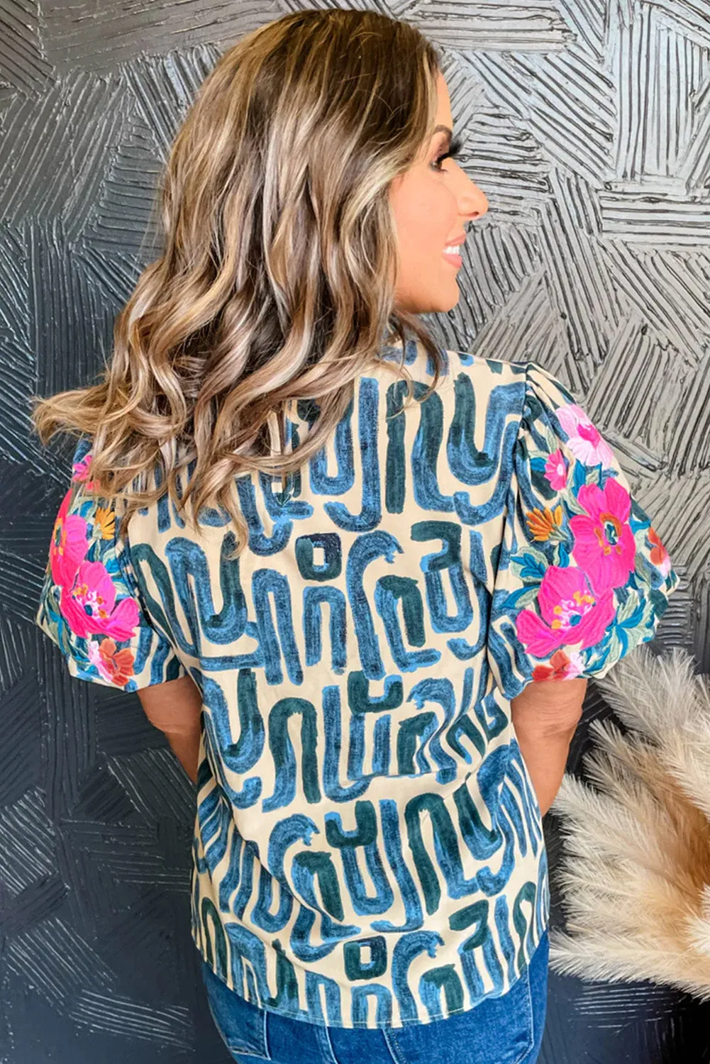 Abstract Embroidered Puff Sleeve Frilled Neck Printed Top