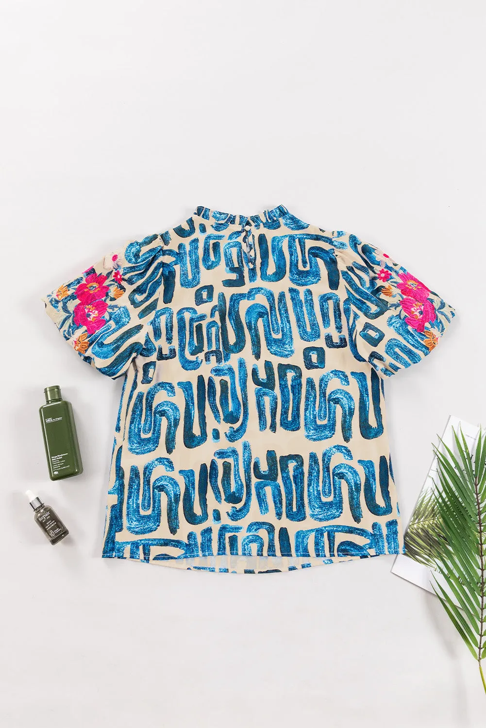 Abstract Embroidered Puff Sleeve Frilled Neck Printed Top