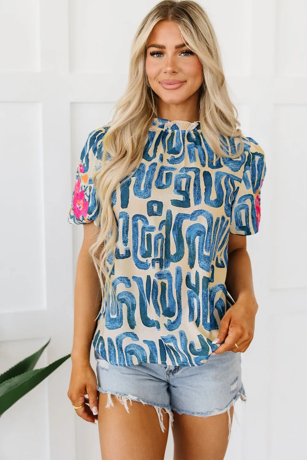 Abstract Embroidered Puff Sleeve Frilled Neck Printed Top