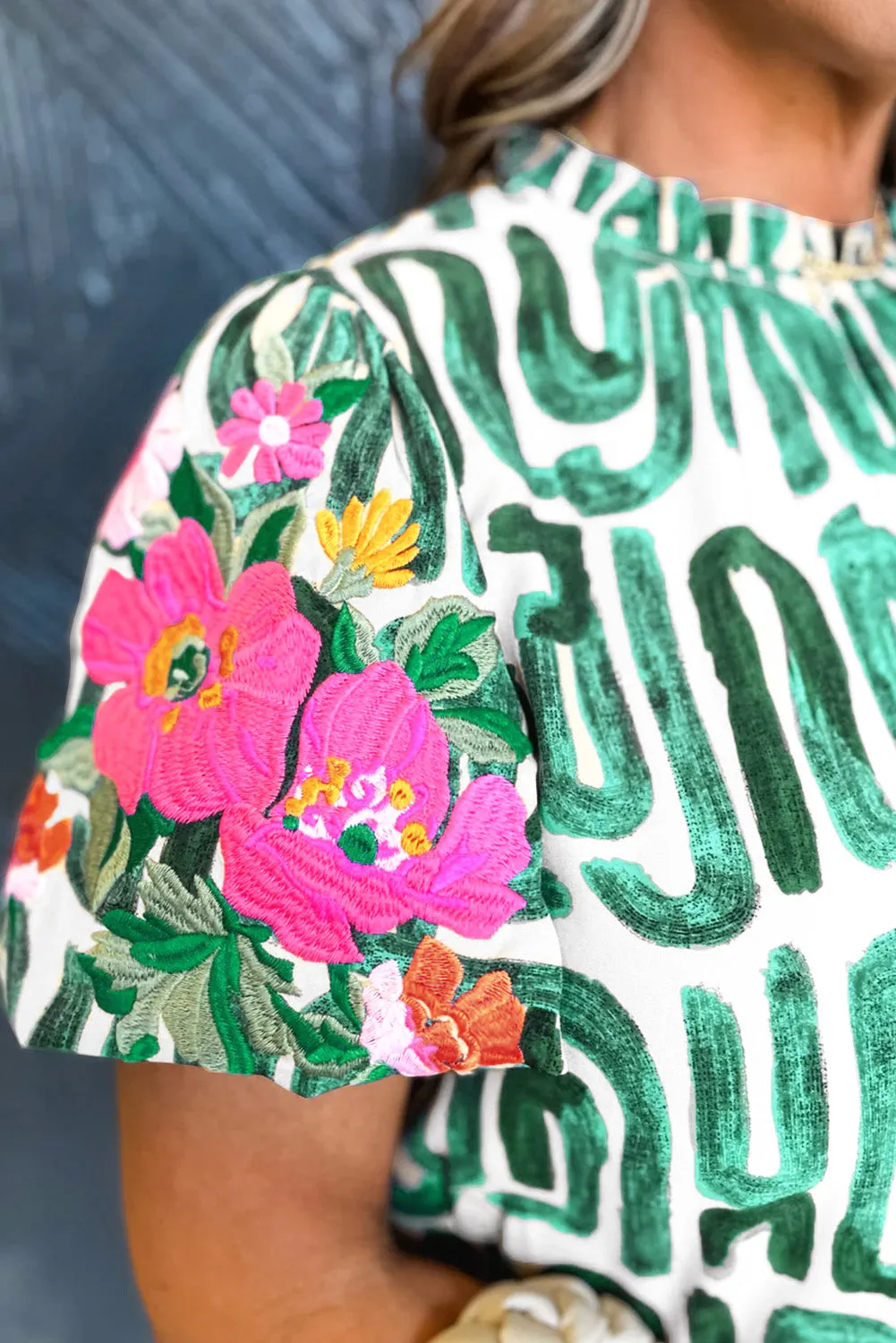 Abstract Embroidered Puff Sleeve Frilled Neck Printed Top