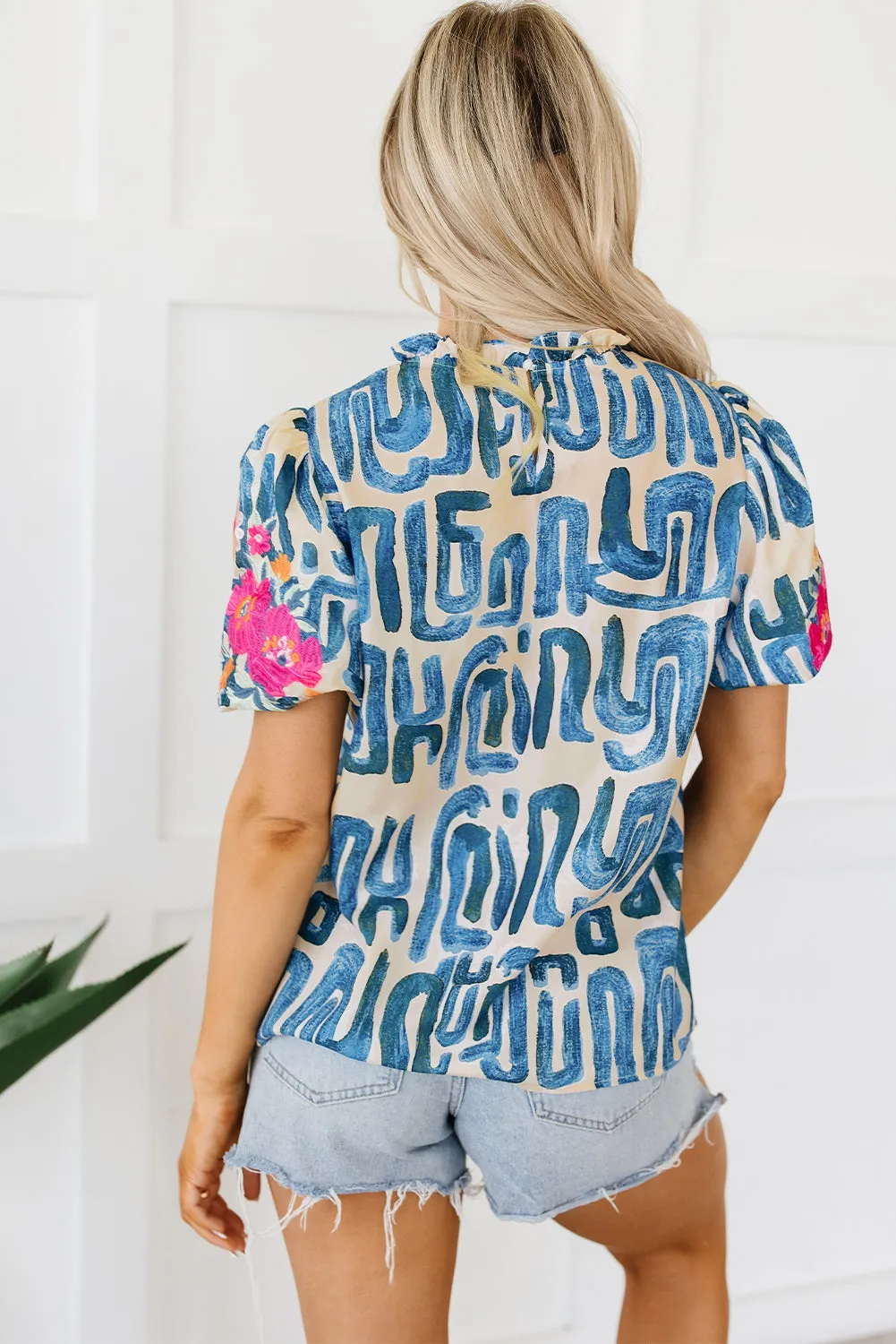 Abstract Embroidered Puff Sleeve Frilled Neck Printed Top