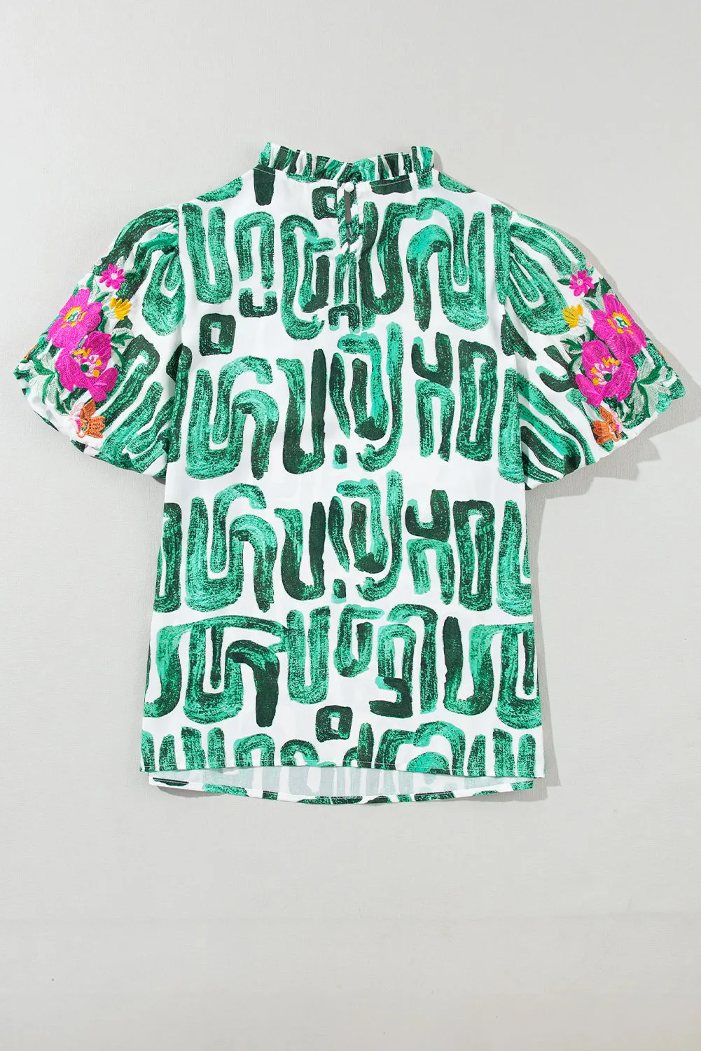 Abstract Embroidered Puff Sleeve Frilled Neck Printed Top