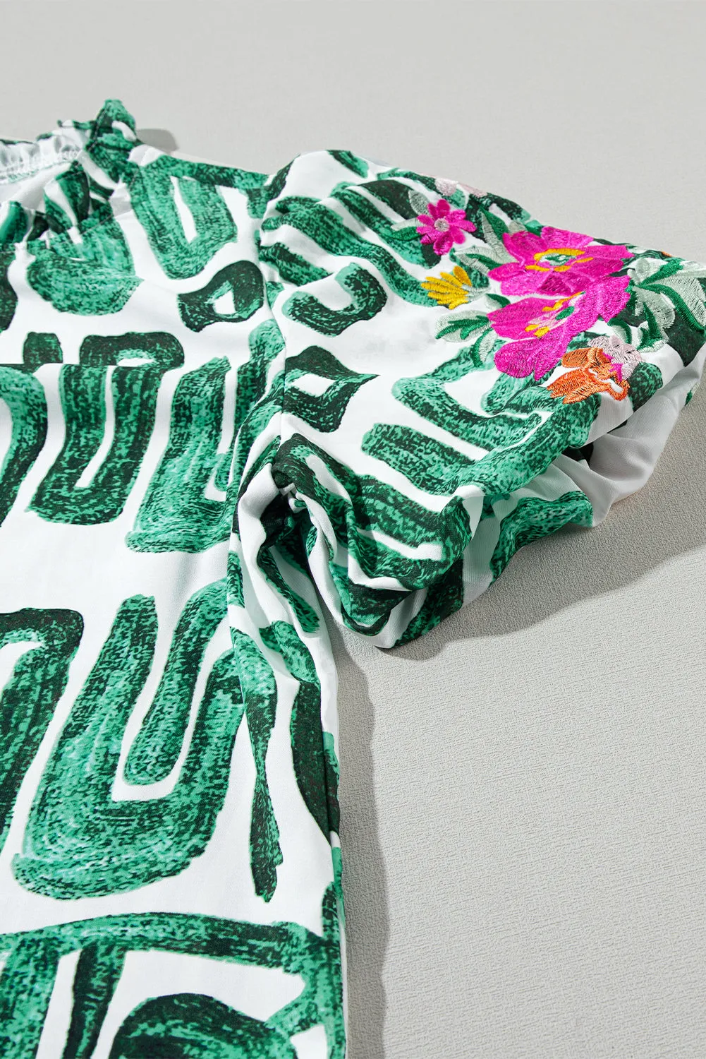 Abstract Embroidered Puff Sleeve Frilled Neck Printed Top