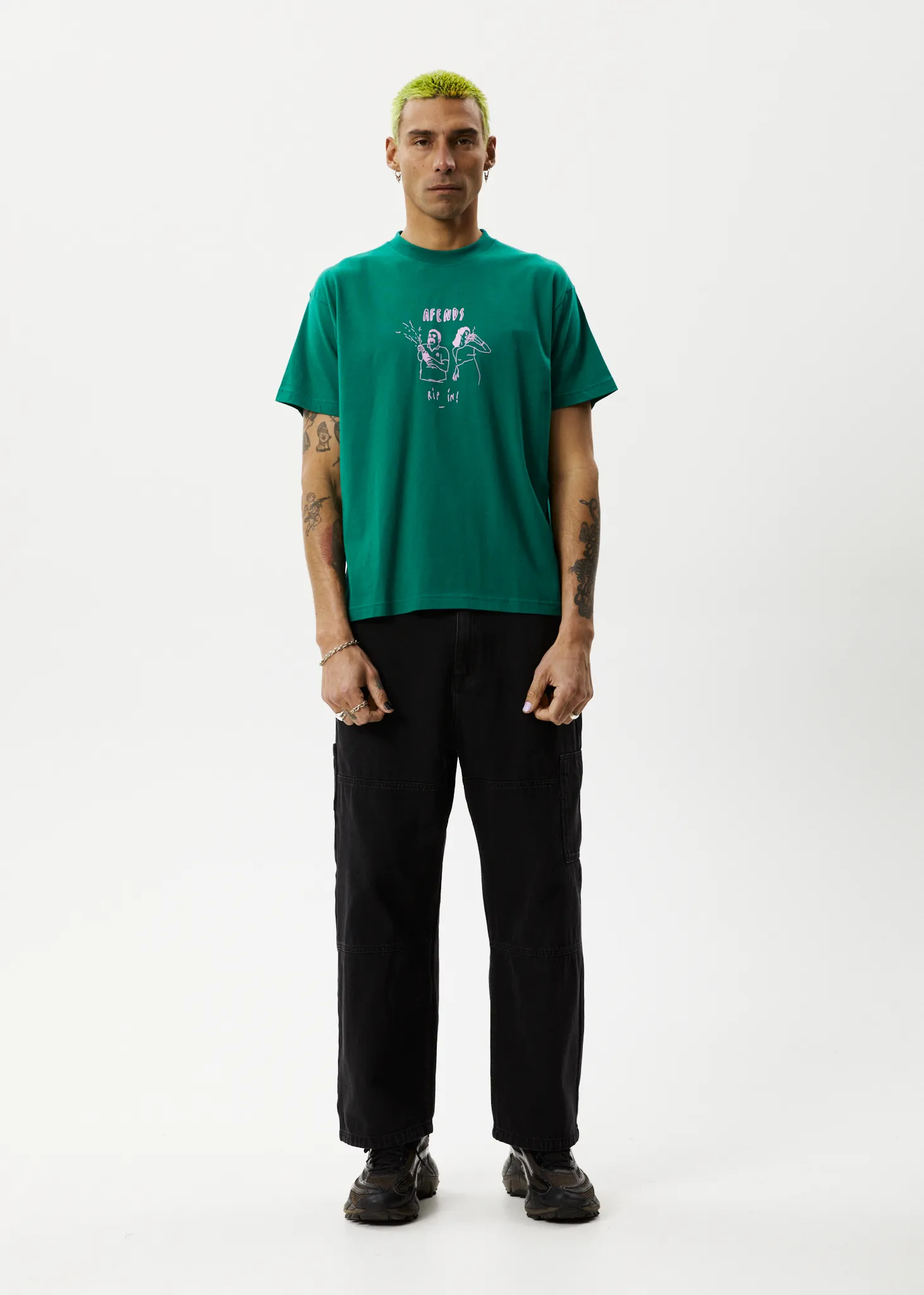 AFENDS Mens Rip In - Boxy Graphic T-Shirt - Emerald