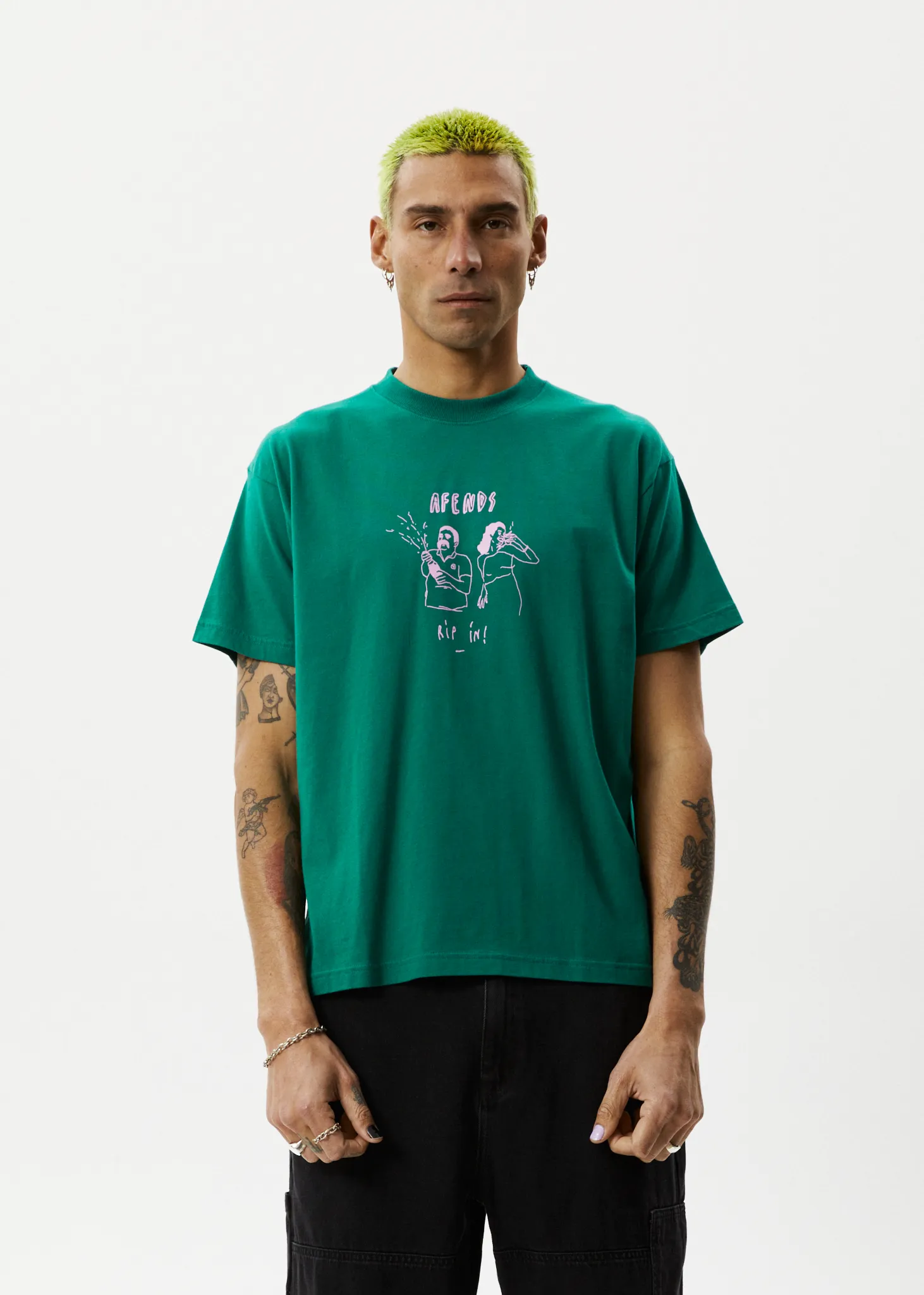 AFENDS Mens Rip In - Boxy Graphic T-Shirt - Emerald