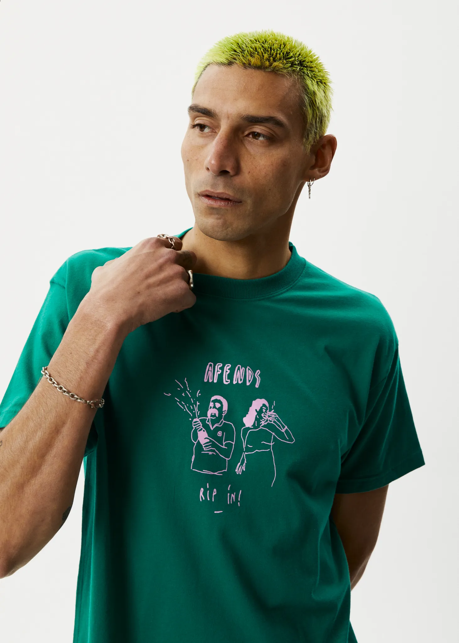 AFENDS Mens Rip In - Boxy Graphic T-Shirt - Emerald