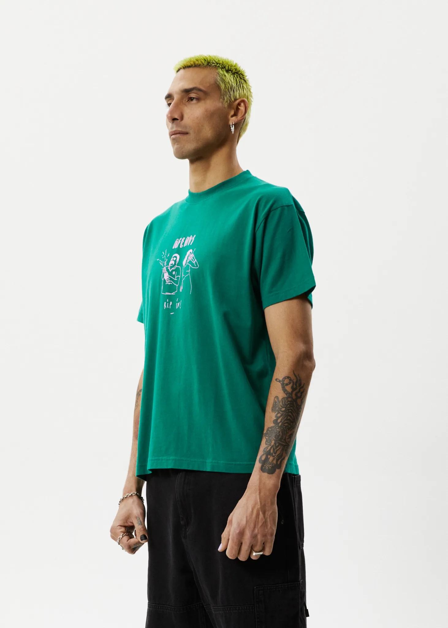 AFENDS Mens Rip In - Boxy Graphic T-Shirt - Emerald