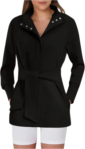 Akklian Womens Jacket Casual Long Sleeve Belted Wrap Trench Coat 2024 Fall Fashion Button Up Cropped Outerwear with Pockets