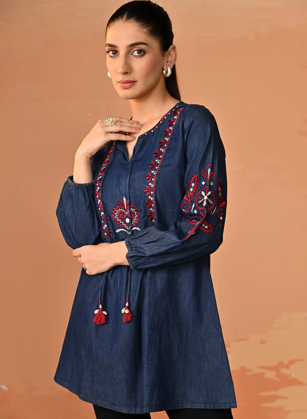 Amna Embroidered Denim Top for Women