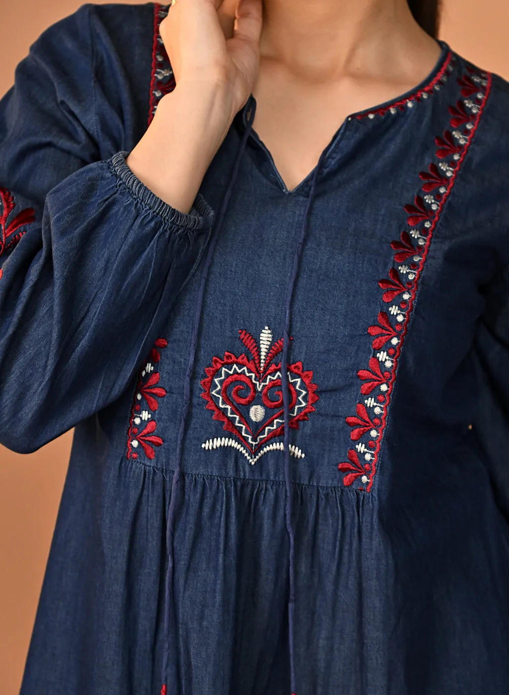 Amna Embroidered Denim Top for Women