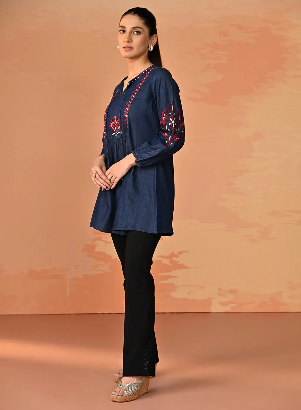 Amna Embroidered Denim Top for Women