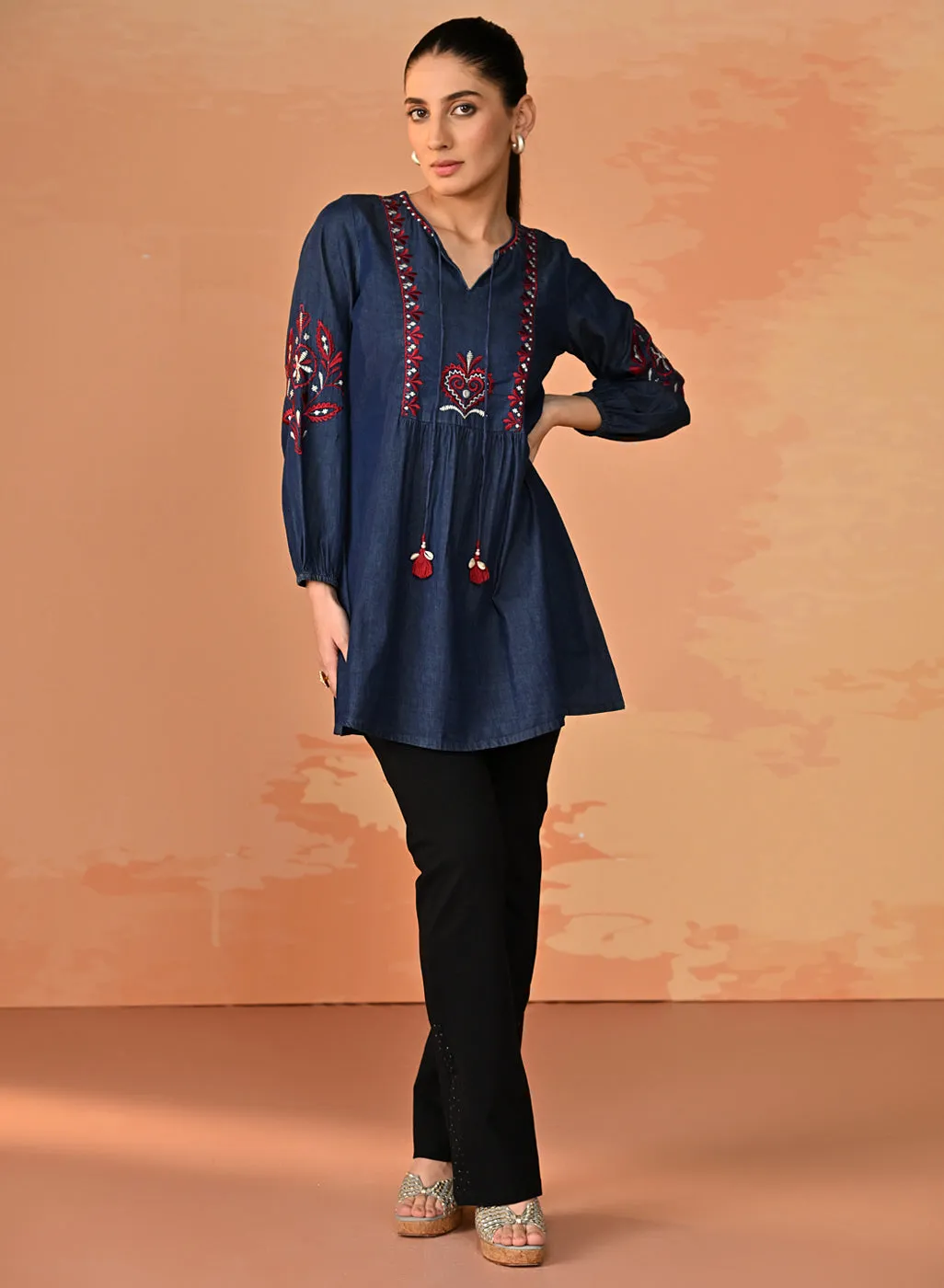 Amna Embroidered Denim Top for Women