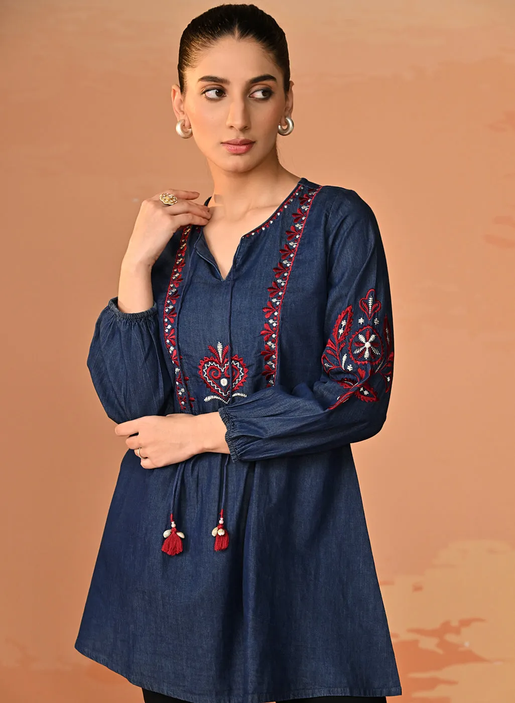 Amna Embroidered Denim Top for Women