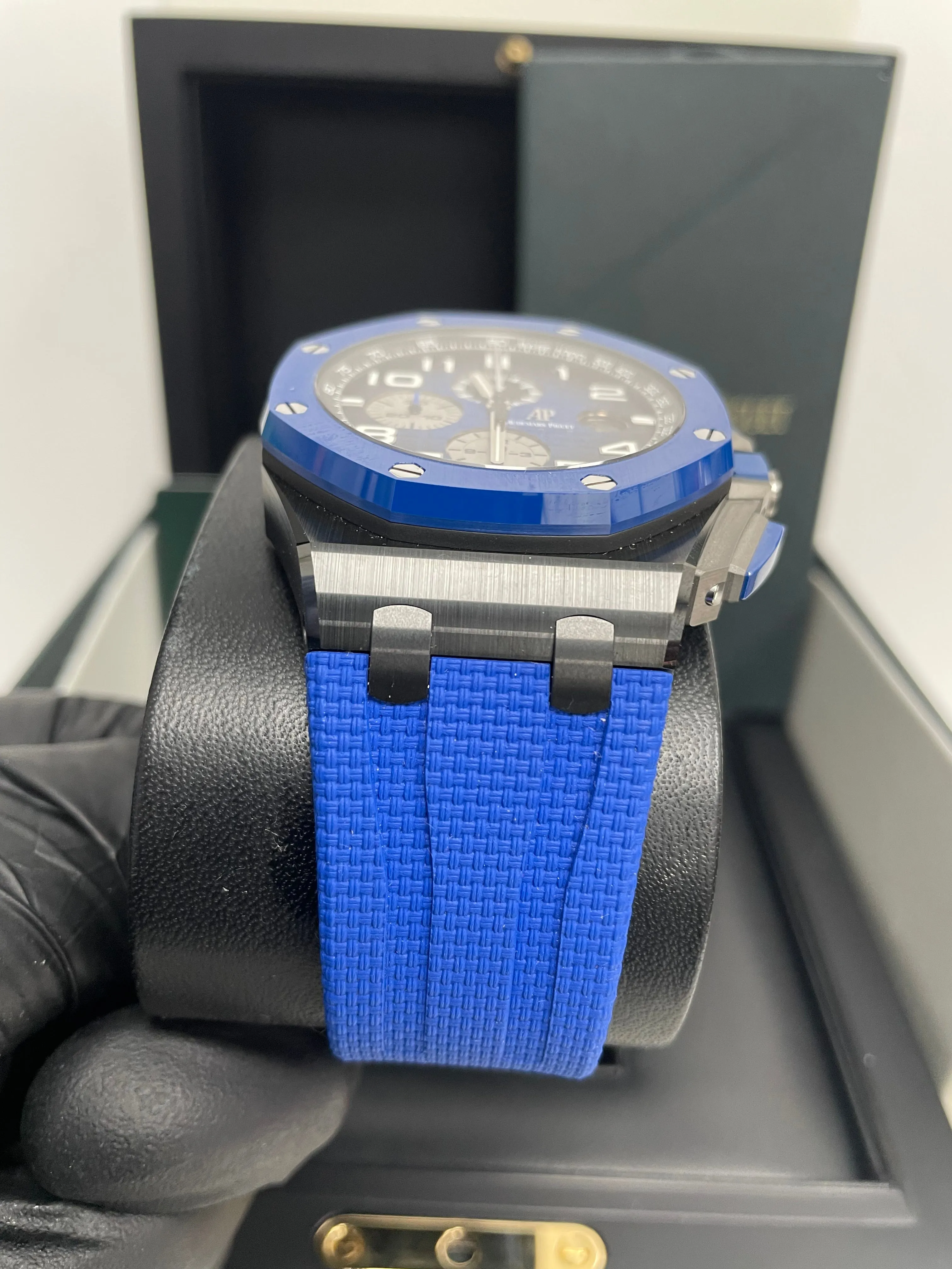 Audemars Piguet Royal Oak Offshore Selfwinding Chronograph/ Stainless Steel/ Blue Strap/ Blue Dial / White Sub-Dials/ Blue Ceramic Bezel (Ref#26405CE.OO.A030CA.01)