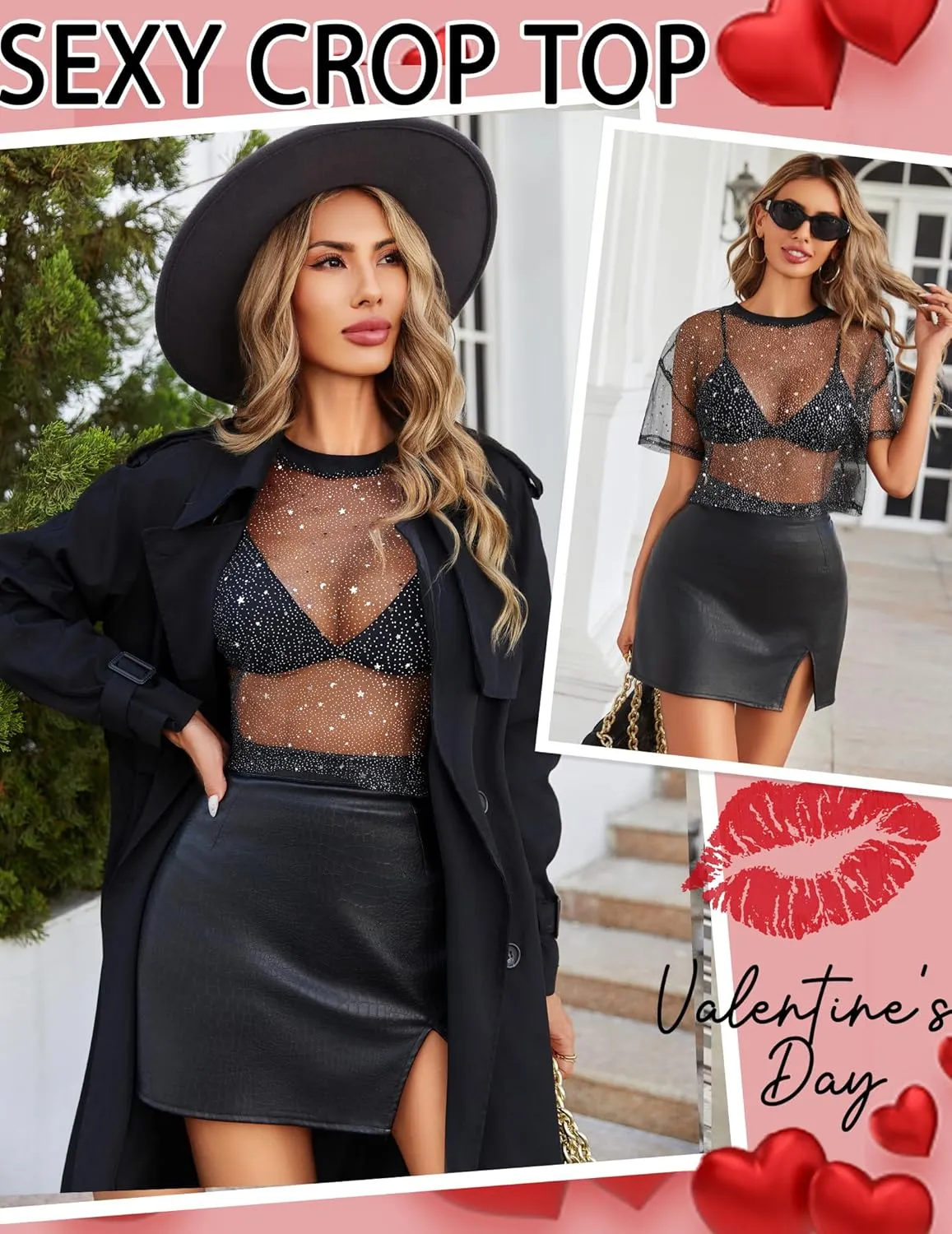 Avidlove Women's Mesh Tops See Through Shirts Short Sleeve Printed Crop Top Sheer Blouse Clubwear S-XXL