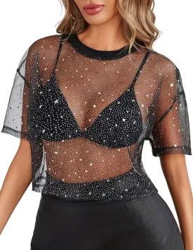Avidlove Women's Mesh Tops See Through Shirts Short Sleeve Printed Crop Top Sheer Blouse Clubwear S-XXL