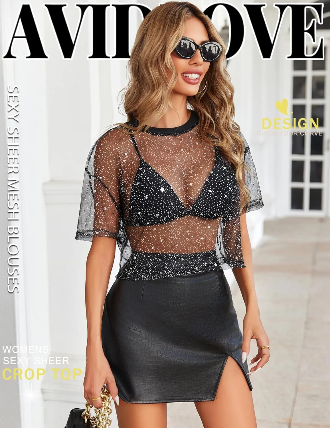 Avidlove Women's Mesh Tops See Through Shirts Short Sleeve Printed Crop Top Sheer Blouse Clubwear S-XXL