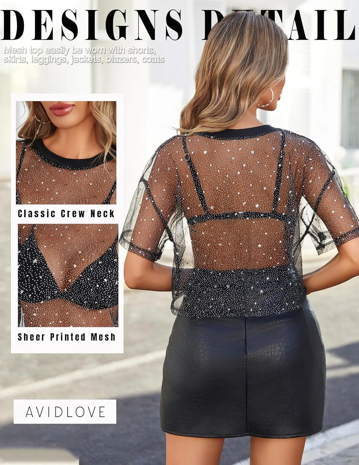 Avidlove Women's Mesh Tops See Through Shirts Short Sleeve Printed Crop Top Sheer Blouse Clubwear S-XXL