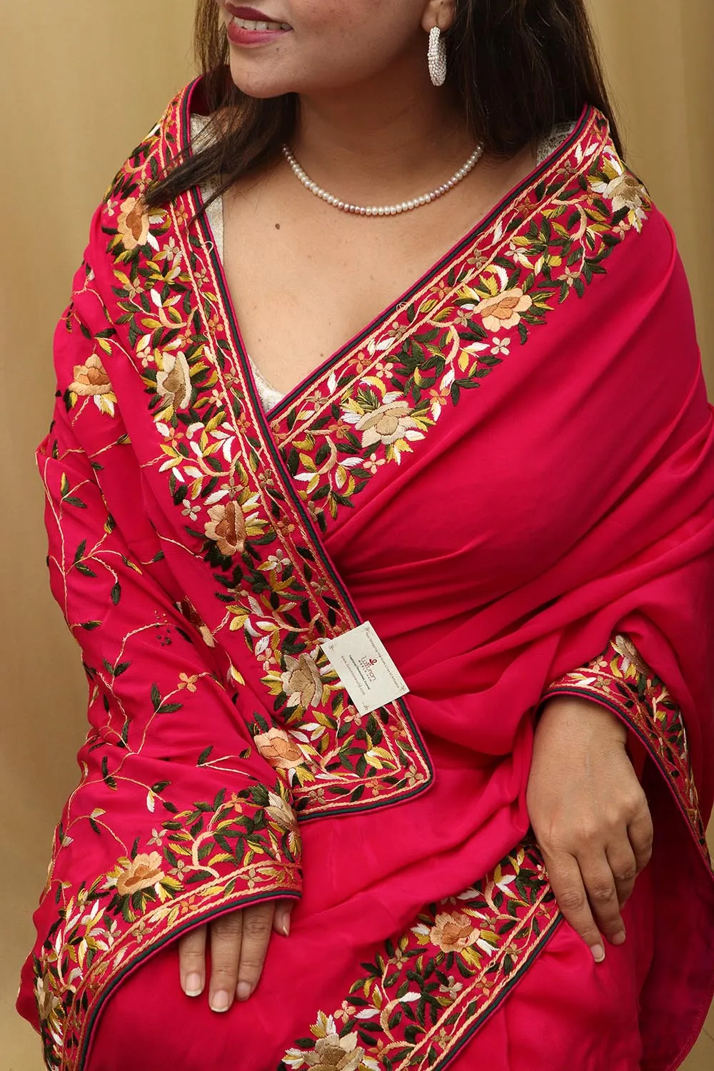 Beautiful Pink Hand Embroidered Parsi Gara Crepe Floral Design Saree