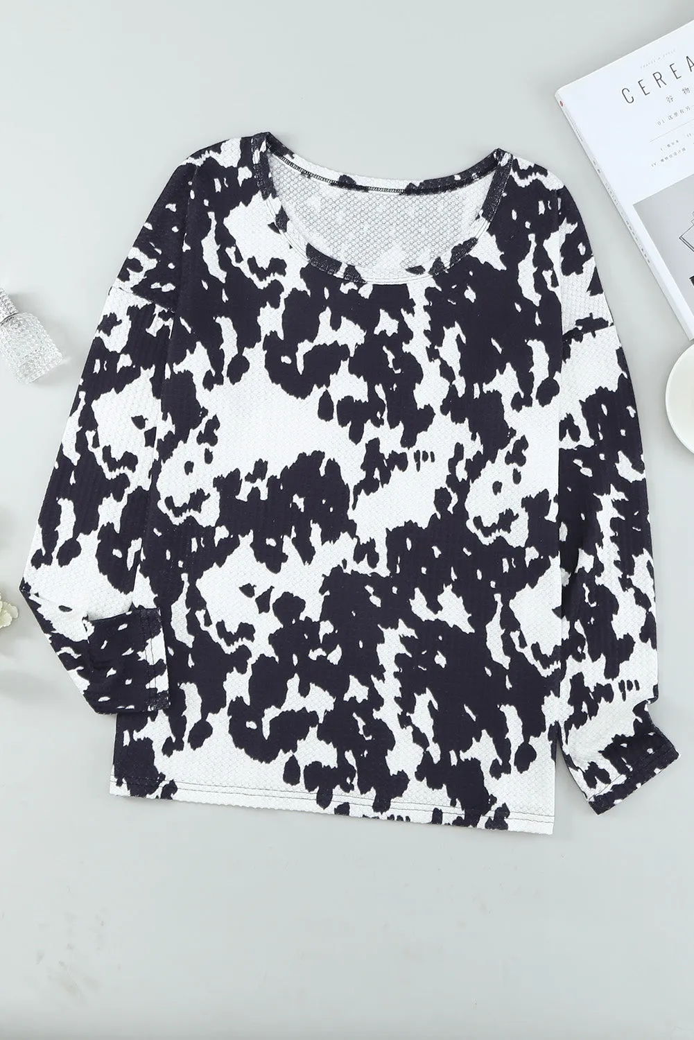 Black Cow Print U Neck Long Sleeve Top
