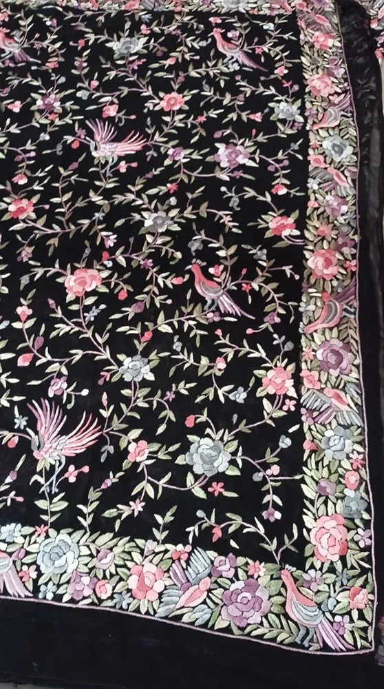 Black Hand Embroidered Parsi Gara Pure Georgette Floral And Bird Design Saree