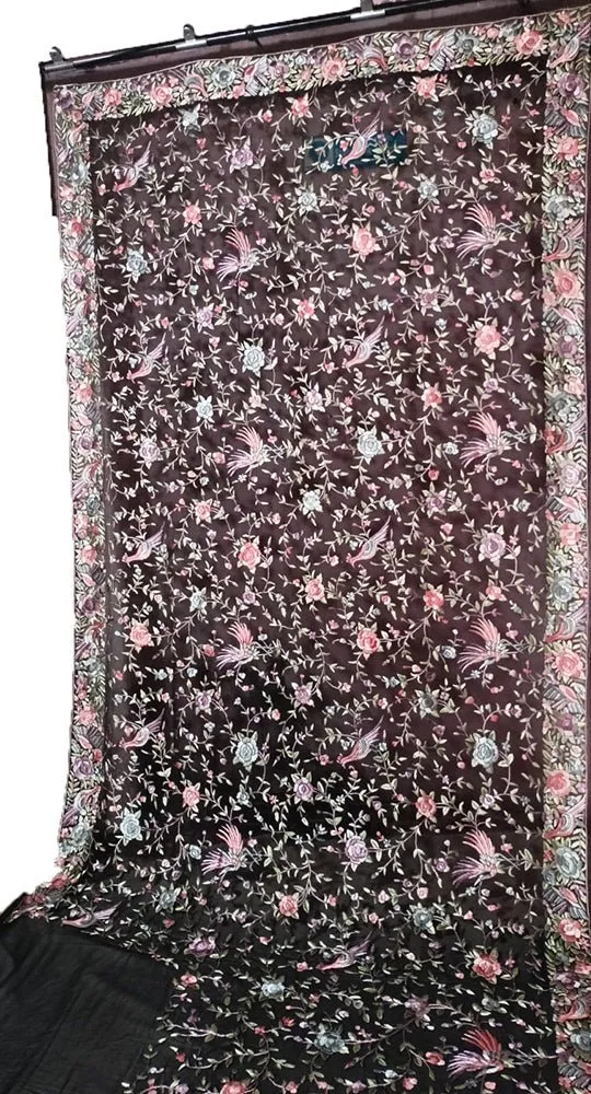 Black Hand Embroidered Parsi Gara Pure Georgette Floral And Bird Design Saree