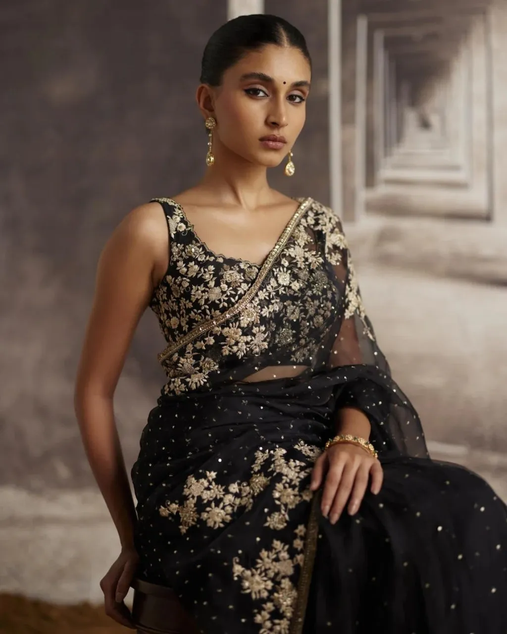 Black Organza Sari With Ivory Threadwork