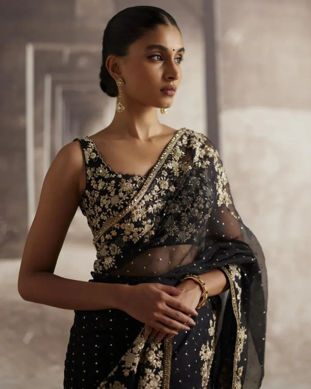 Black Organza Sari With Ivory Threadwork