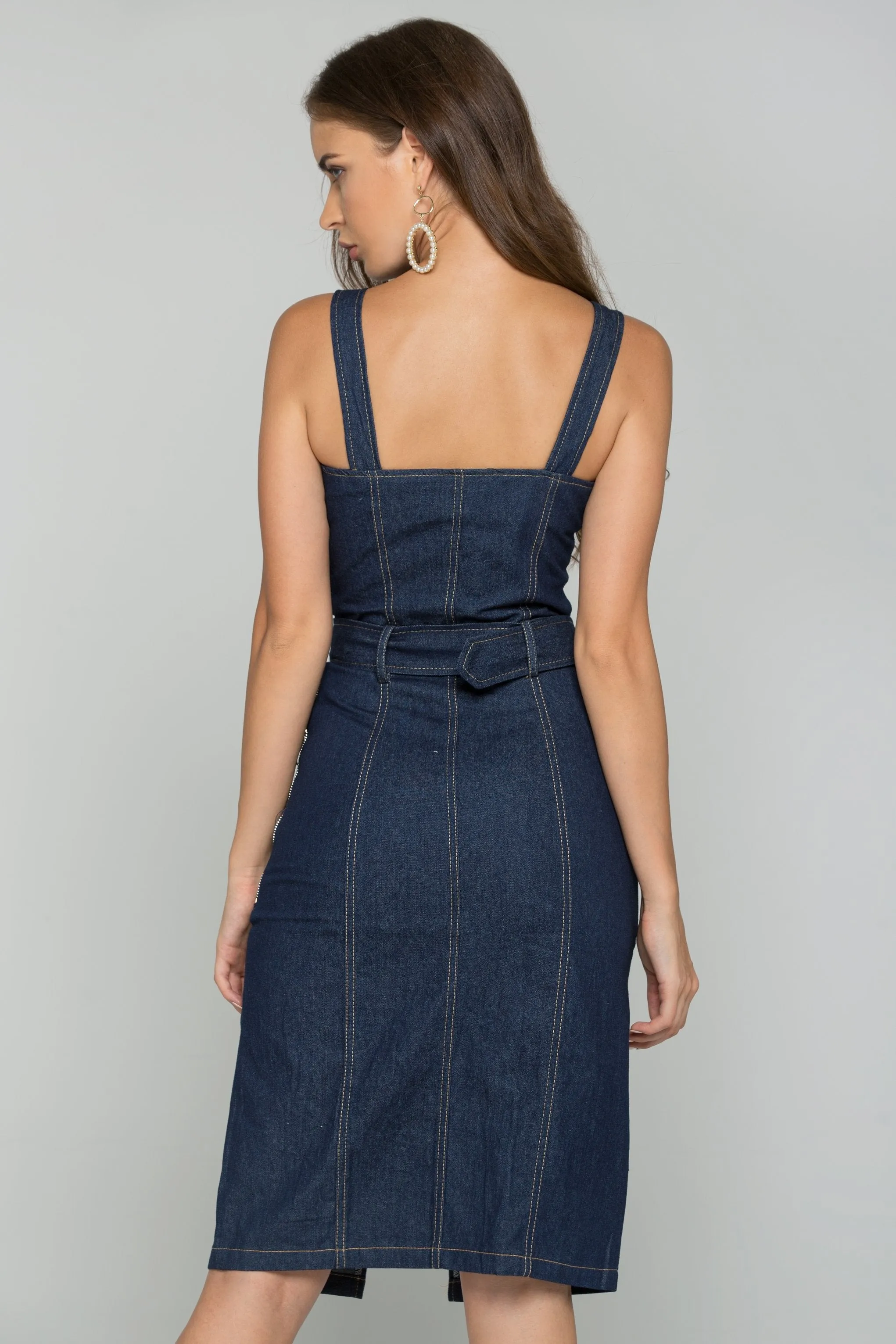 Blue Denim Belt Strap Front Zipper Sundress