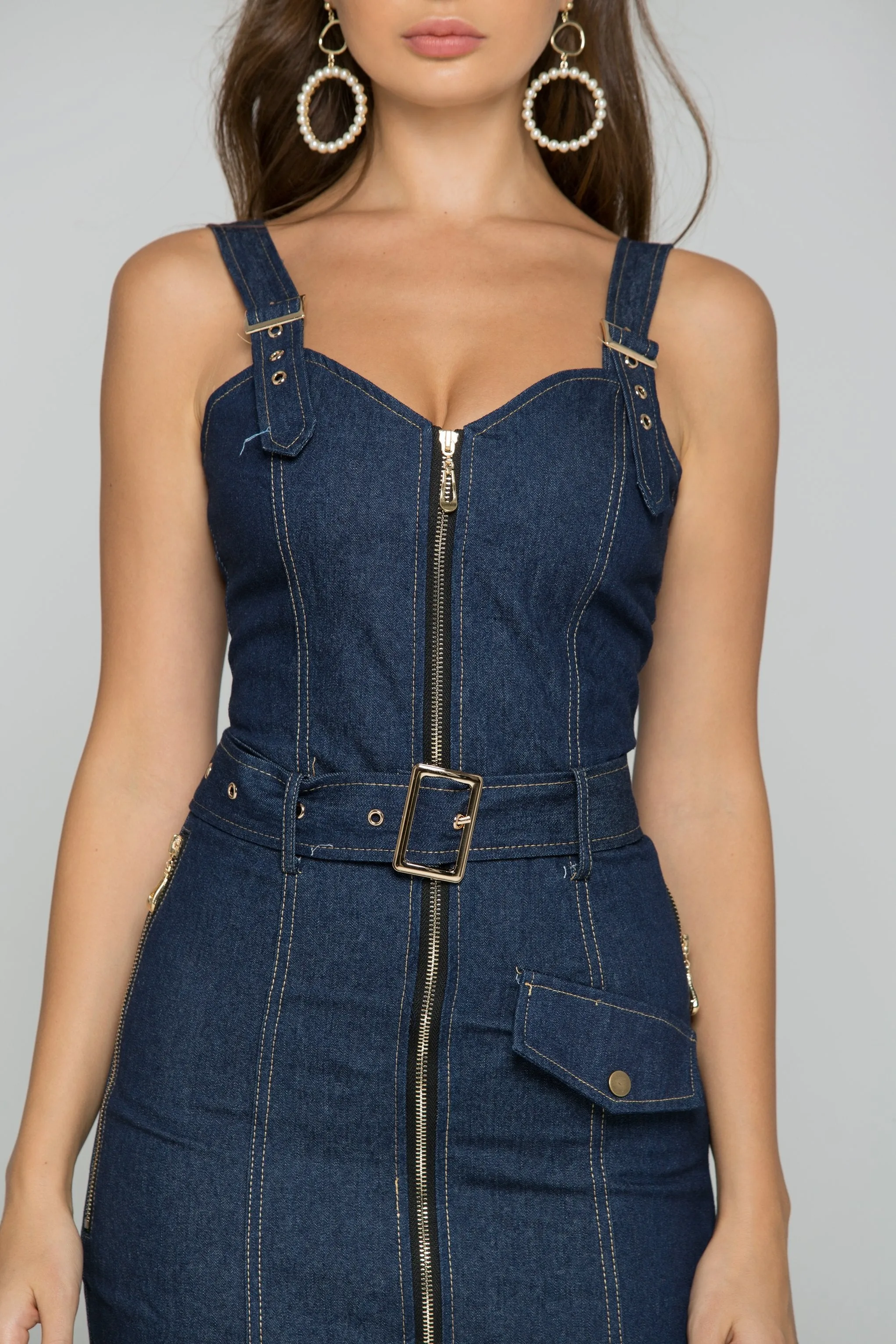 Blue Denim Belt Strap Front Zipper Sundress