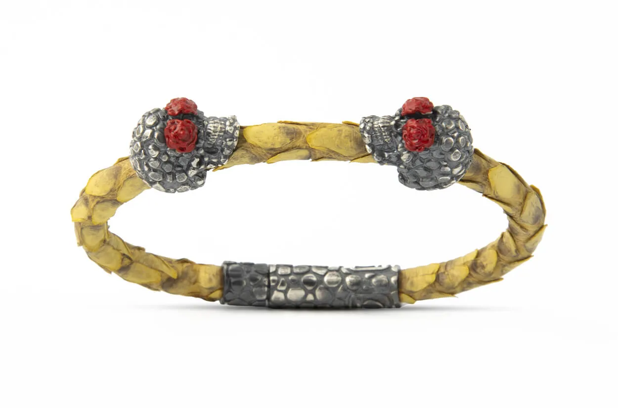 Bracelet LivingSkull Women Phyton Leather & Two Human Skulls