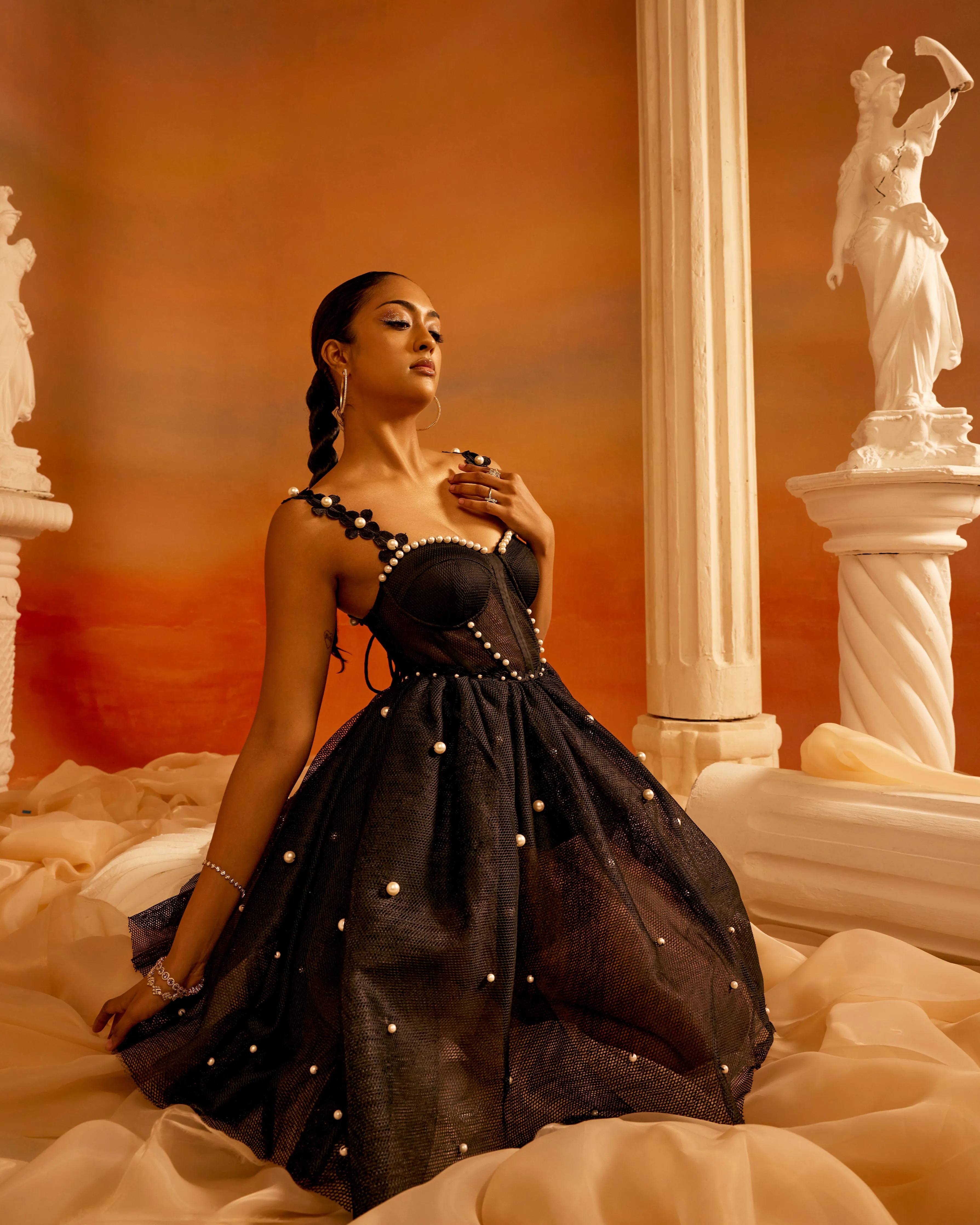 Briggita Black Mesh   Pearl Hand Embroidered Bustier Dress