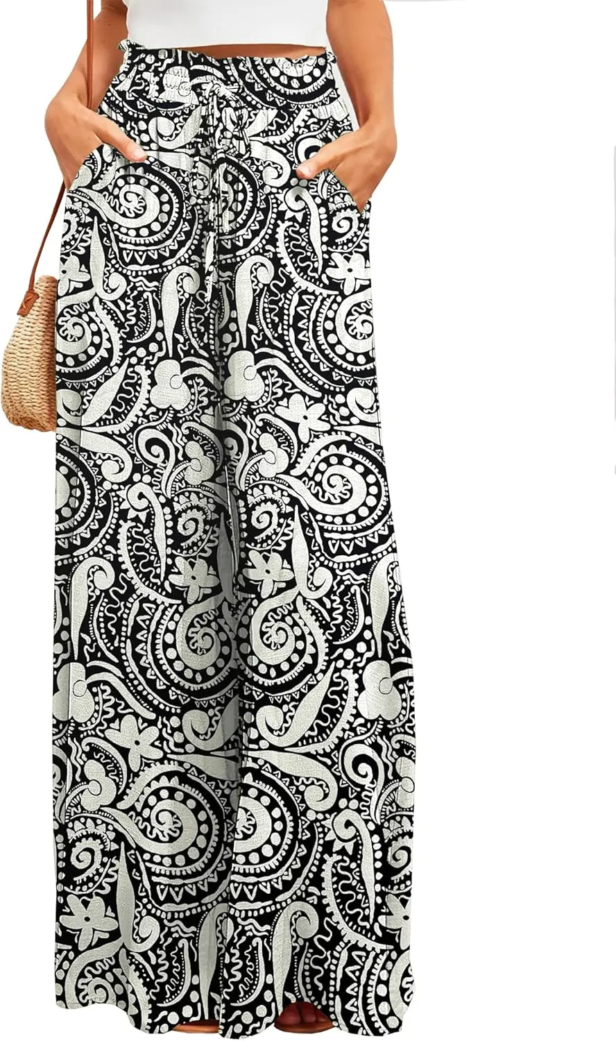Bsubseach 2025 Womens Beach Wide Leg Pants Summer Floral Elastic Waist Pant Palazzo Dressy Boho Flowy with Pockets