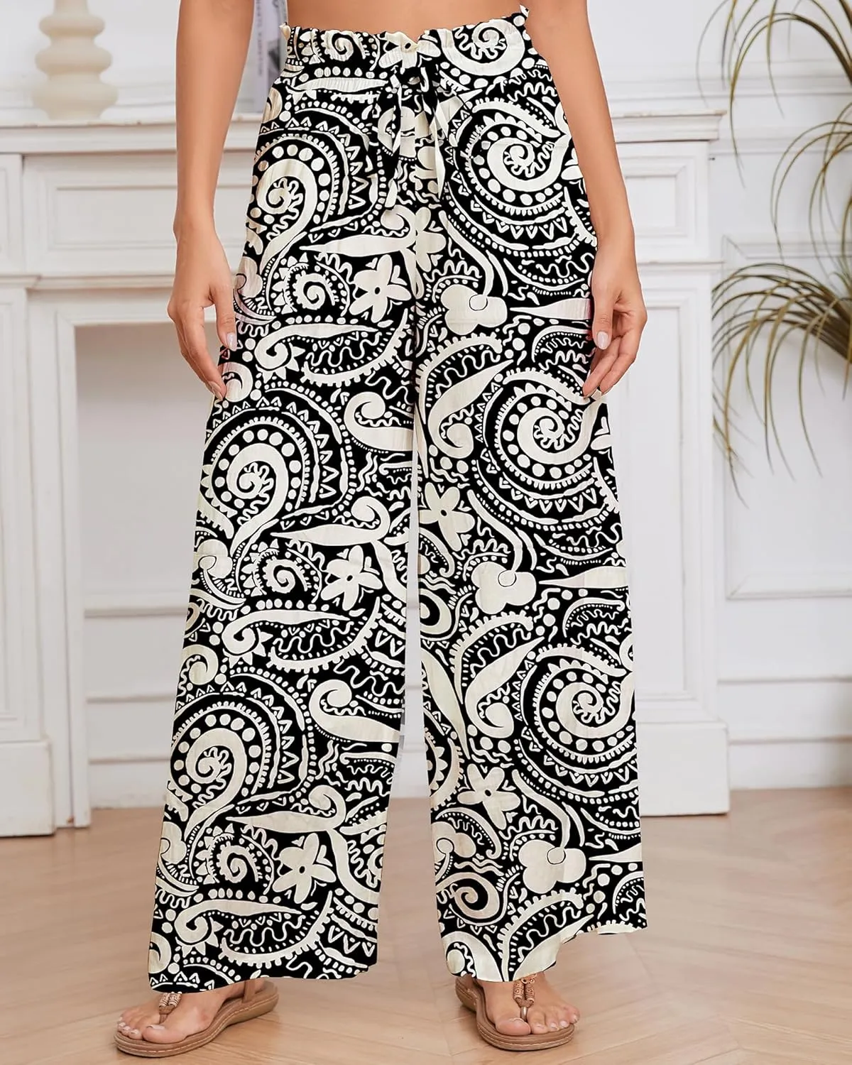 Bsubseach 2025 Womens Beach Wide Leg Pants Summer Floral Elastic Waist Pant Palazzo Dressy Boho Flowy with Pockets