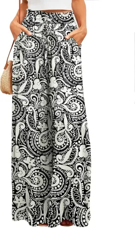 Bsubseach 2025 Womens Beach Wide Leg Pants Summer Floral Elastic Waist Pant Palazzo Dressy Boho Flowy with Pockets
