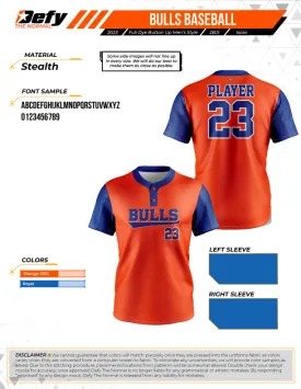 Bulls baseball Orange 2 Button Full Dye Men's Jersey