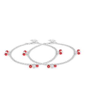 Carlton London -Set Of 2 Rhodium-Plated Silver Toned Red & Silver Link Beaded Layered Anklets For Women